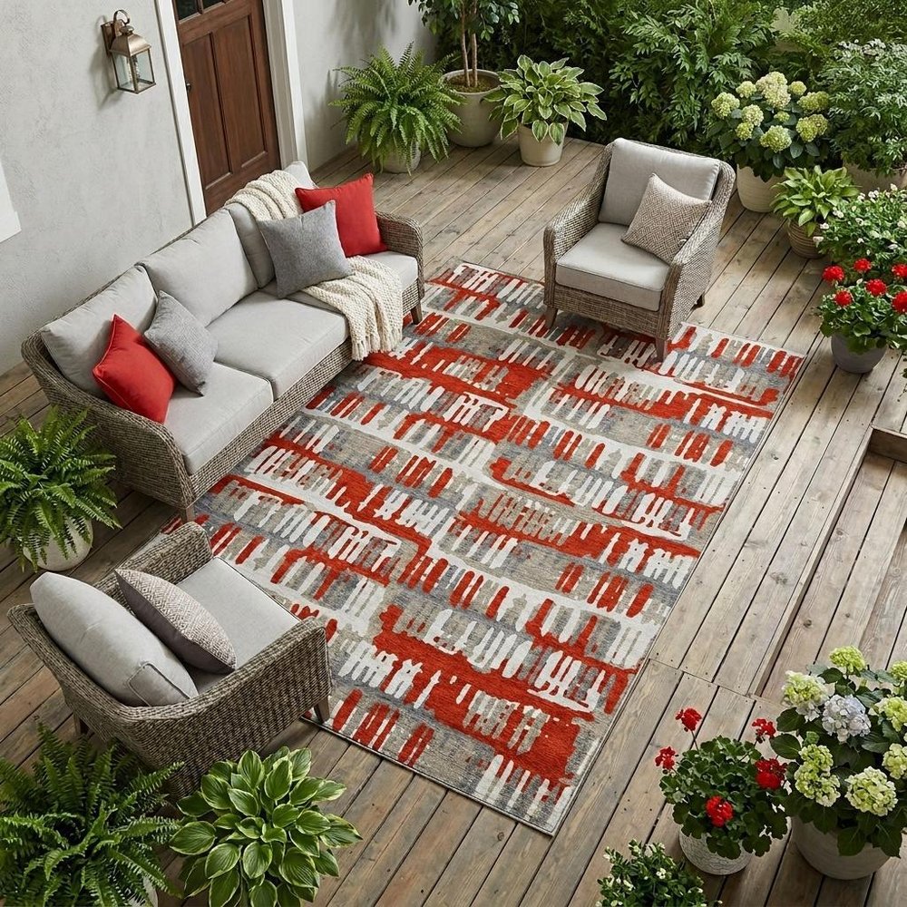 10' X 14' Red And Orange Abstract Washable Indoor Outdoor Area Rug