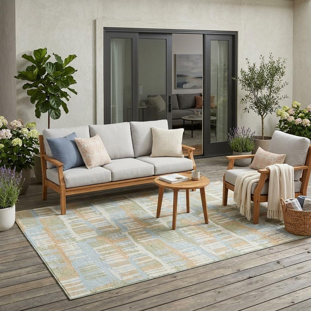 5' X 8' Sky Blue And Beige Abstract Washable Indoor Outdoor Area Rug HomeRoots