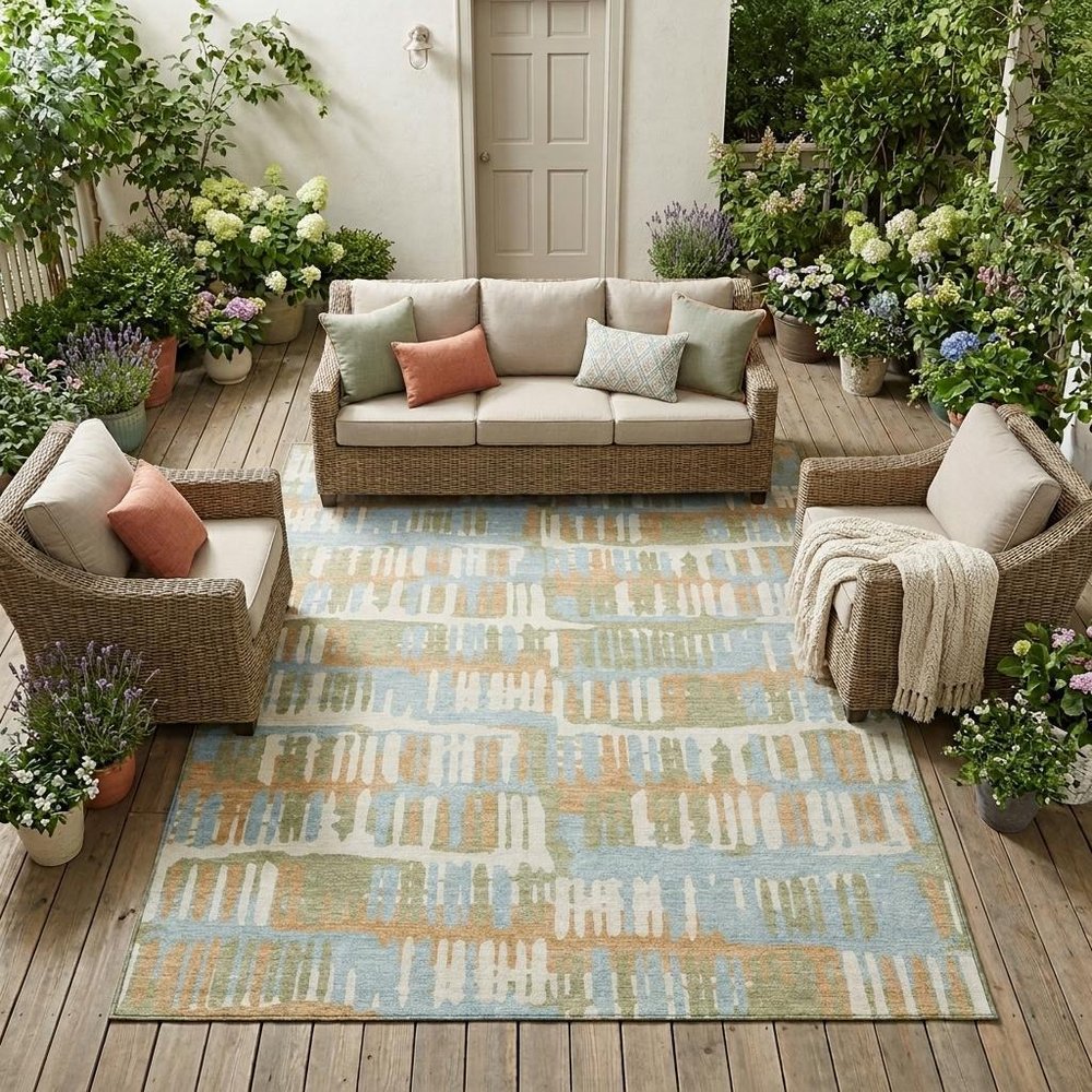 10' X 14' Sky Blue And Beige Abstract Washable Indoor Outdoor Area Rug — view 7