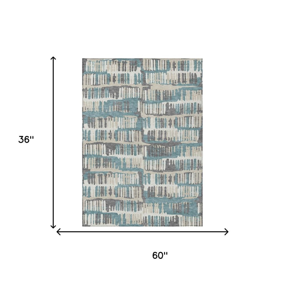 3' X 5' Teal Blue And Brown Abstract Washable Indoor Outdoor Area Rug — view 6