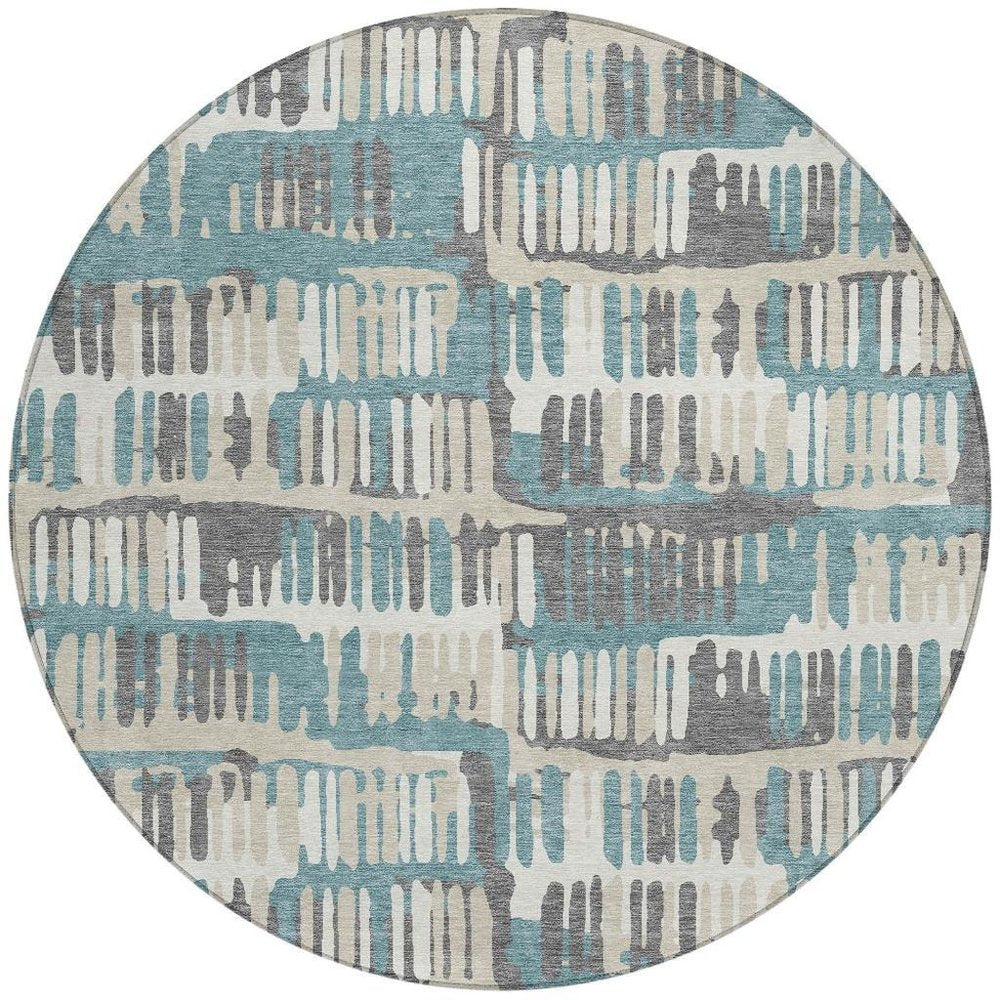 8' Teal Blue And Brown Round Abstract Washable Indoor Outdoor Area Rug — view 7