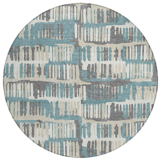 8' Teal Blue And Brown Round Abstract Washable Indoor Outdoor Area Rug