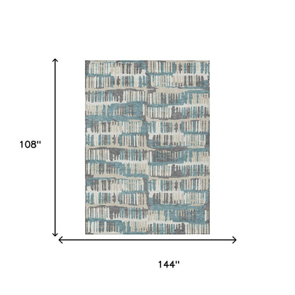 9' X 12' Teal Blue And Brown Abstract Washable Indoor Outdoor Area Rug