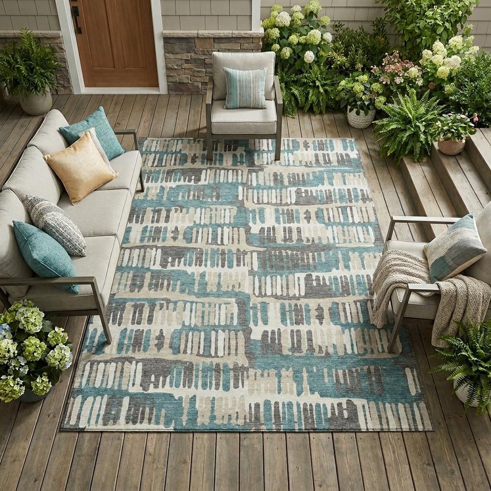 10' X 14' Teal Blue And Brown Abstract Washable Indoor Outdoor Area Rug — view 7