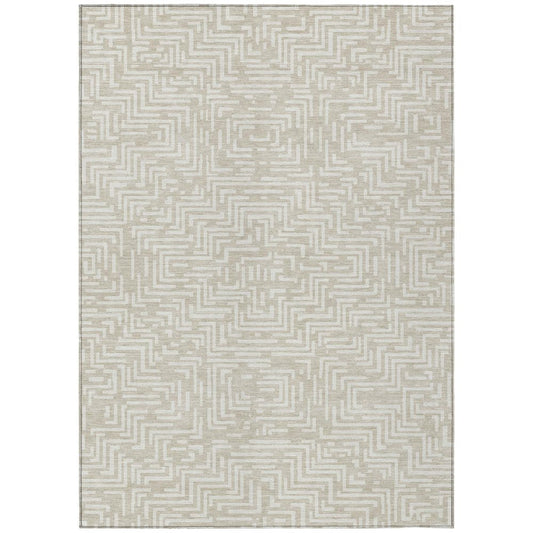 3' X 5' Beige And Blue Geometric Washable Indoor Outdoor Area Rug