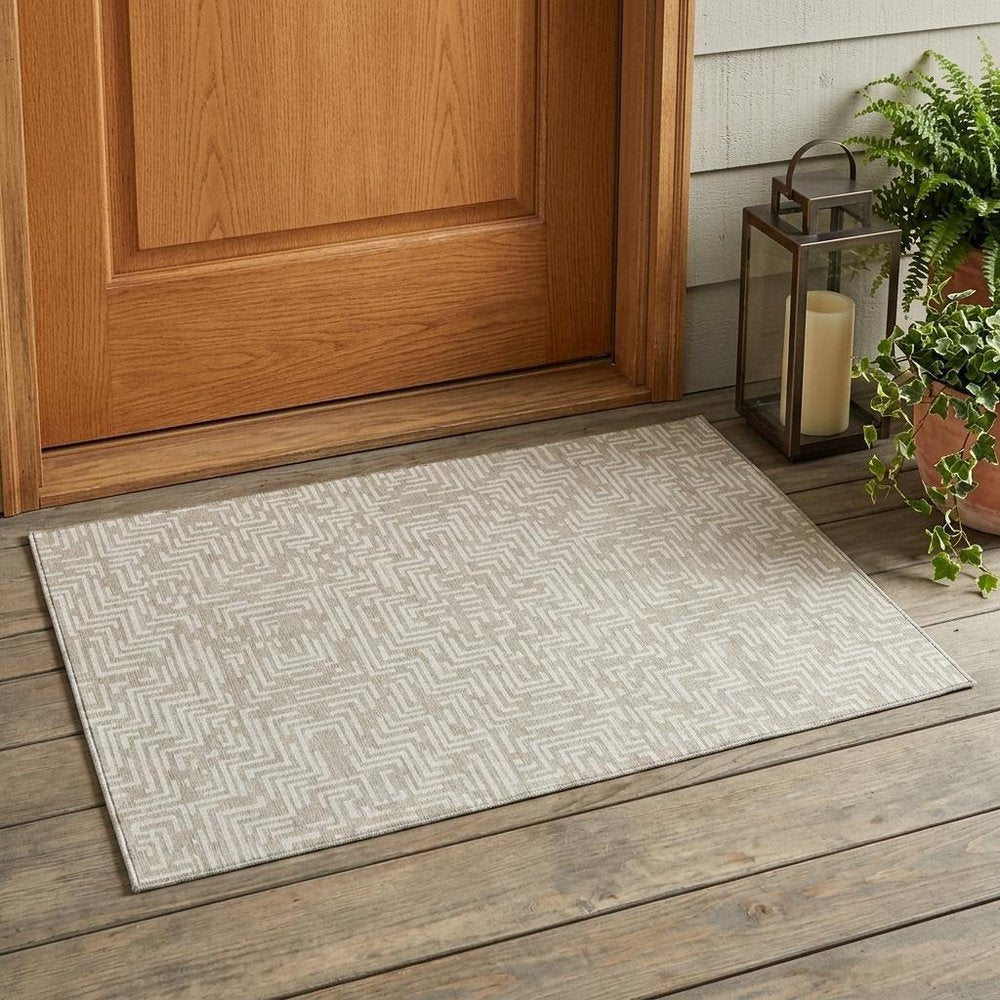 3' X 5' Beige And Blue Geometric Washable Indoor Outdoor Area Rug — view 7