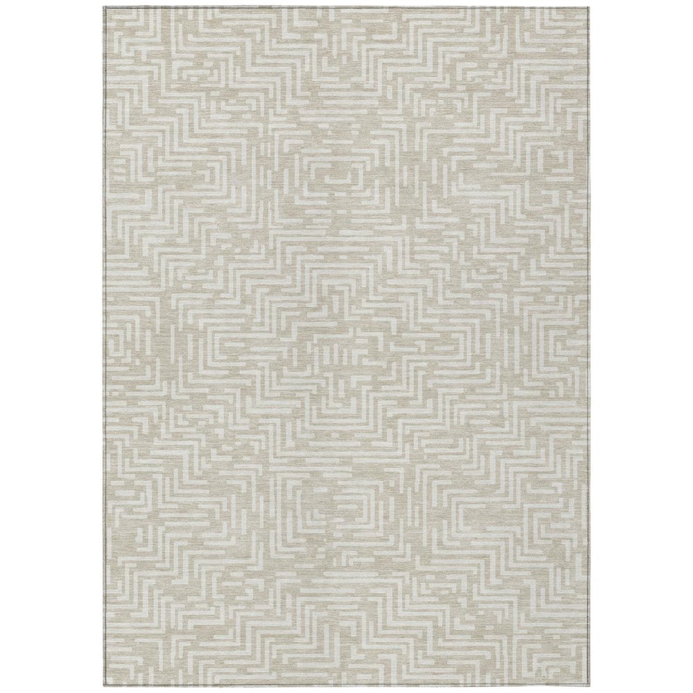 5' X 8' Beige And Blue Geometric Washable Indoor Outdoor Area Rug