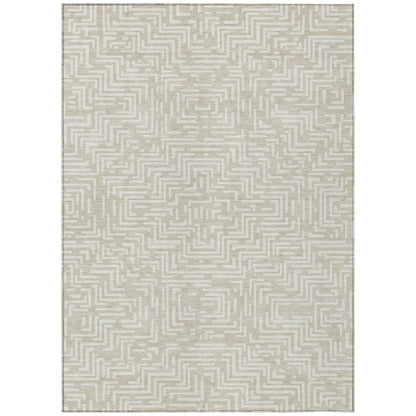 5' X 8' Beige And Blue Geometric Washable Indoor Outdoor Area Rug