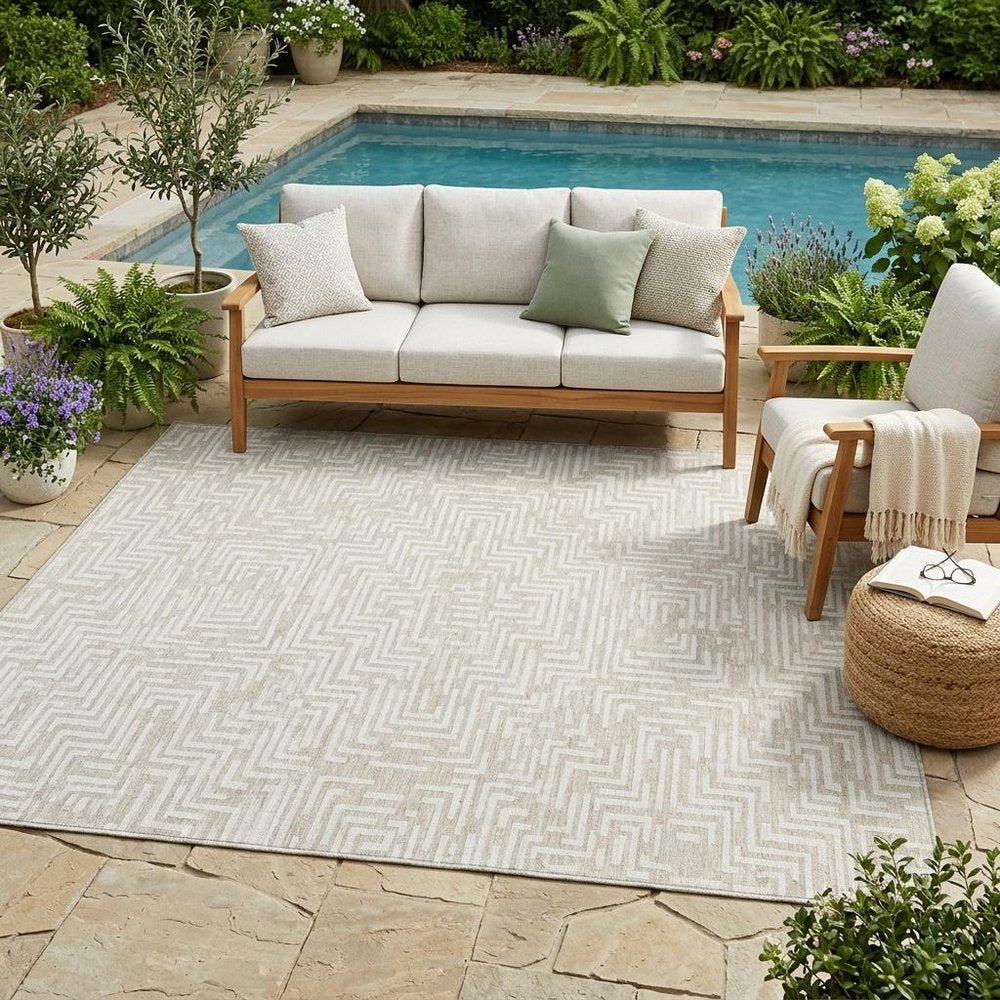 5' X 8' Beige And Blue Geometric Washable Indoor Outdoor Area Rug — view 7