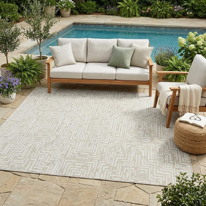 5' X 8' Beige And Blue Geometric Washable Indoor Outdoor Area Rug HomeRoots