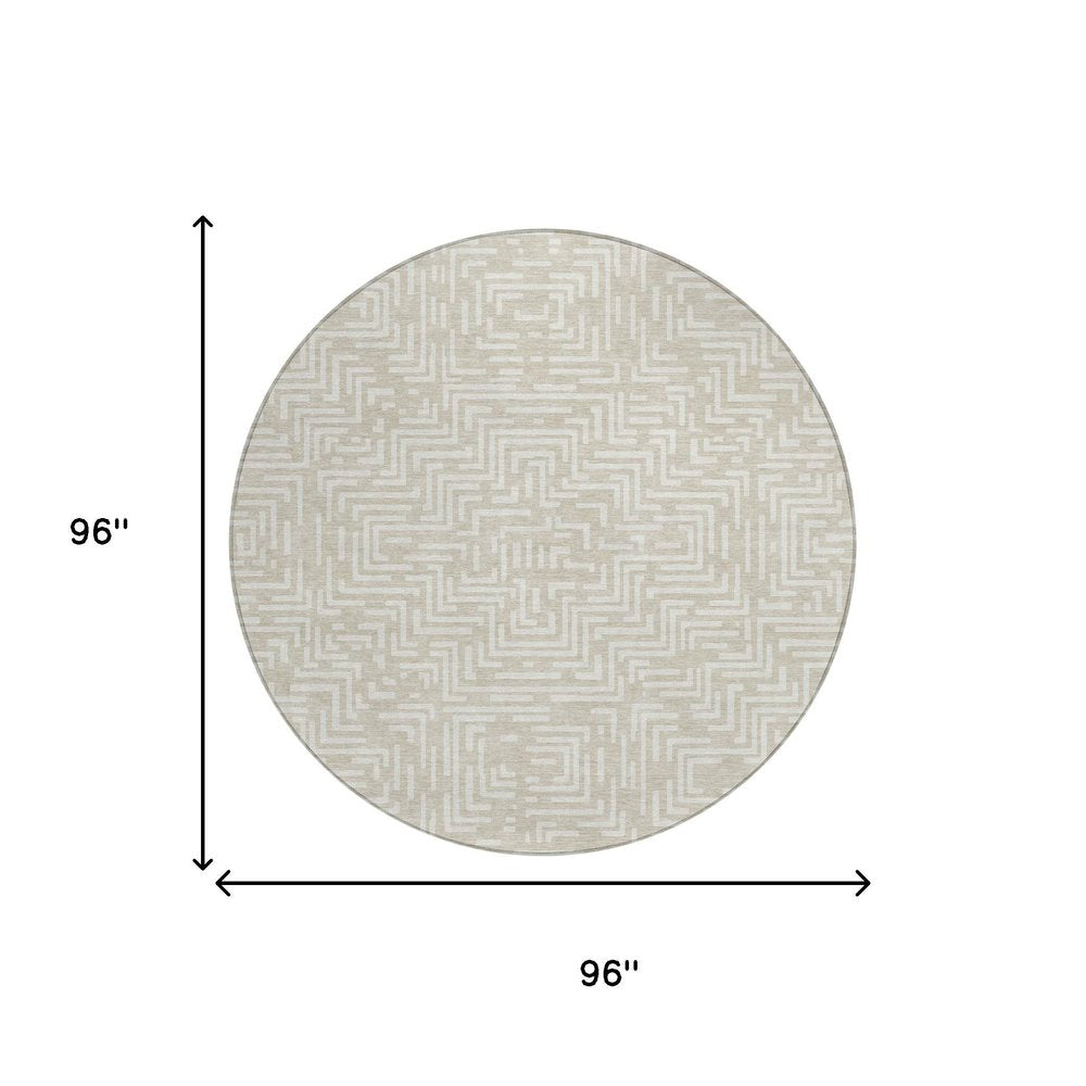 8' Beige And Blue Round Geometric Washable Indoor Outdoor Area Rug HomeRoots