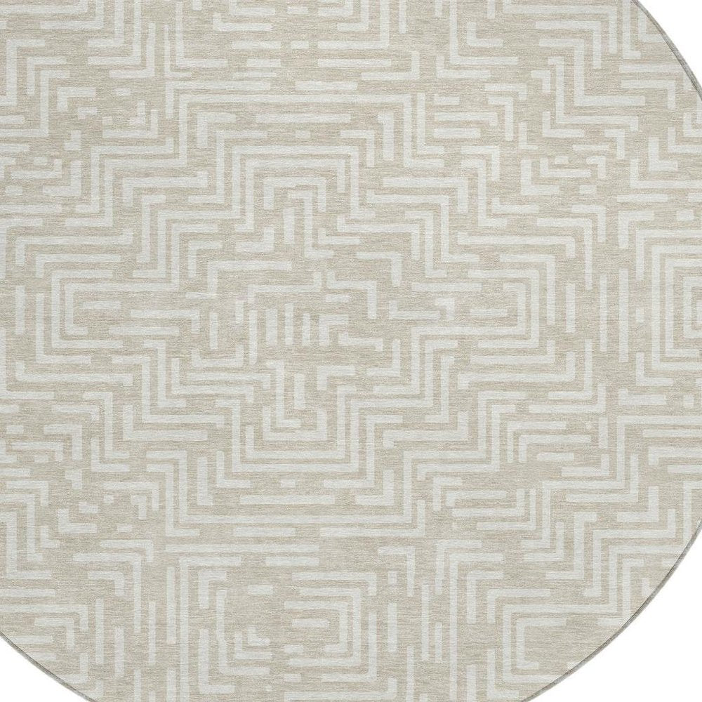 8' Beige And Blue Round Geometric Washable Indoor Outdoor Area Rug — view 7