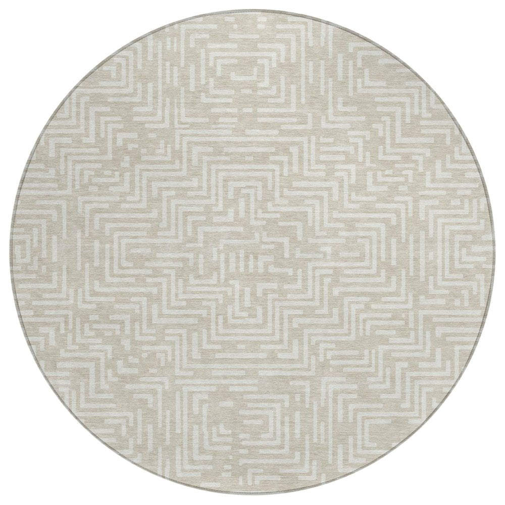 8' Beige And Blue Round Geometric Washable Indoor Outdoor Area Rug HomeRoots