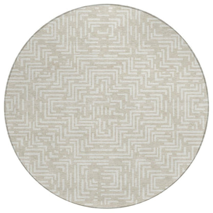 8' Beige And Blue Round Geometric Washable Indoor Outdoor Area Rug HomeRoots