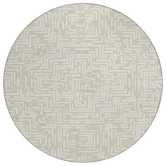 8' Beige And Blue Round Geometric Washable Indoor Outdoor Area Rug