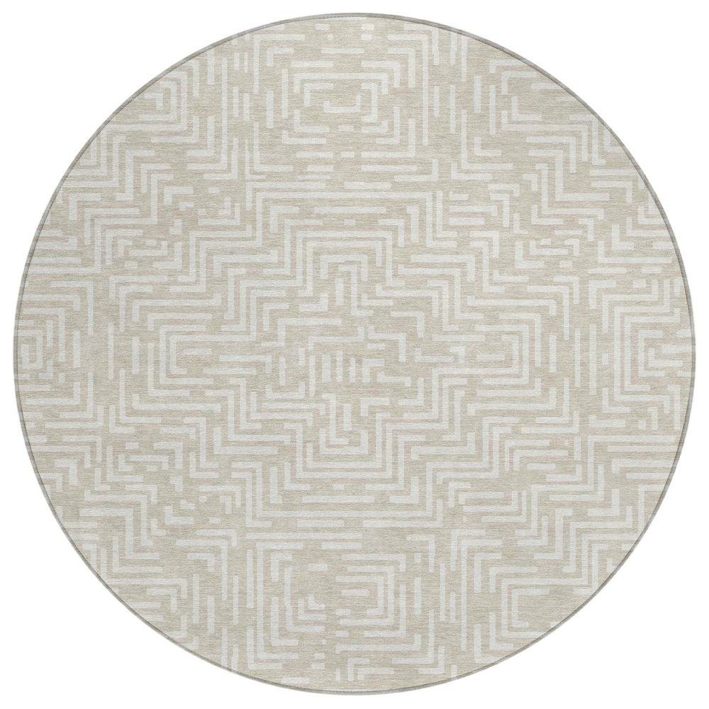 8' Beige And Blue Round Geometric Washable Indoor Outdoor Area Rug — view 1