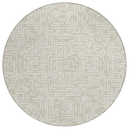 8' Beige And Blue Round Geometric Washable Indoor Outdoor Area Rug