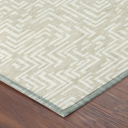 8' Beige And Blue Round Geometric Washable Indoor Outdoor Area Rug