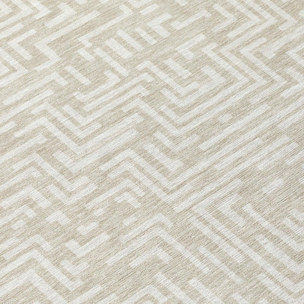 8' Beige And Blue Round Geometric Washable Indoor Outdoor Area Rug — view 3