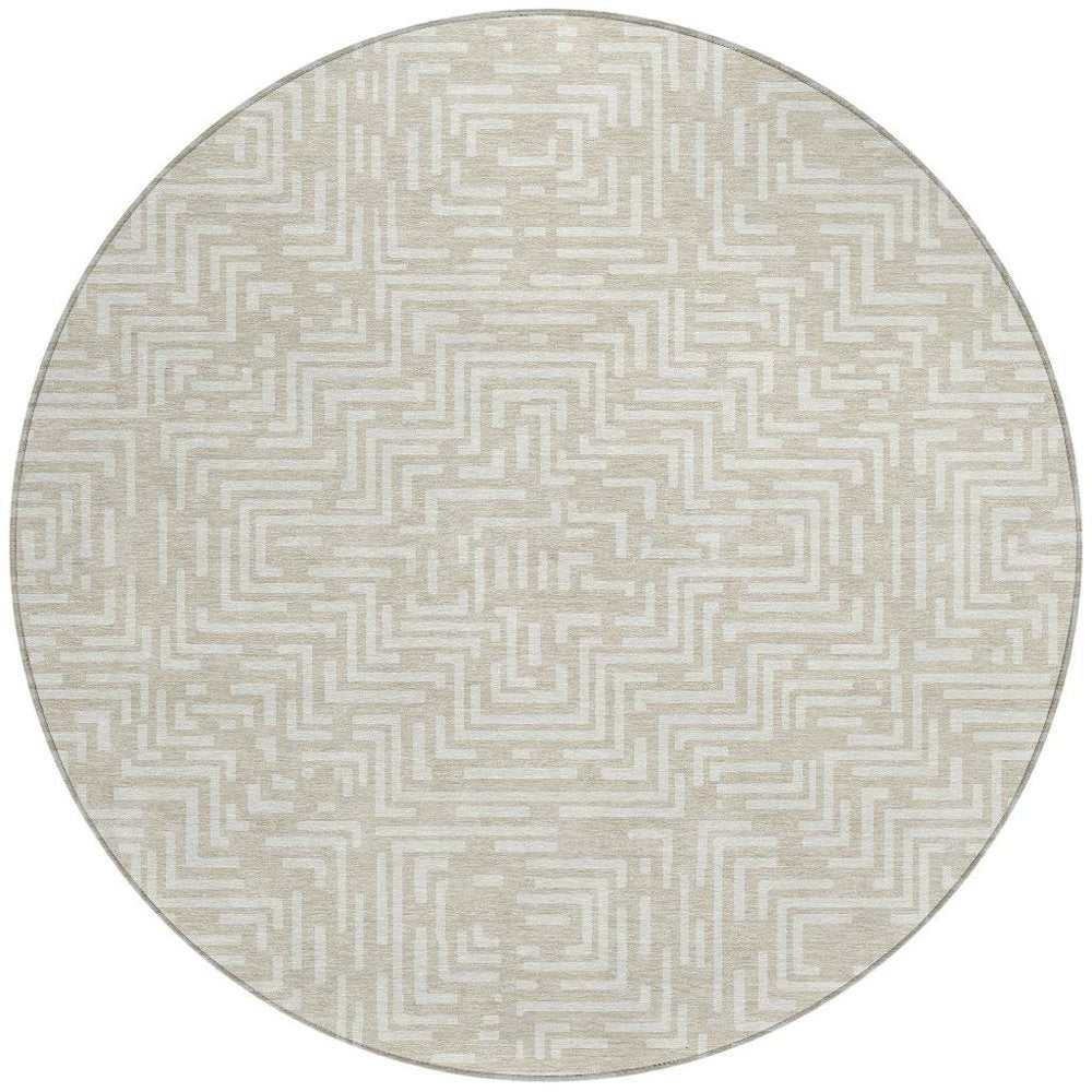 8' Beige And Blue Round Geometric Washable Indoor Outdoor Area Rug HomeRoots