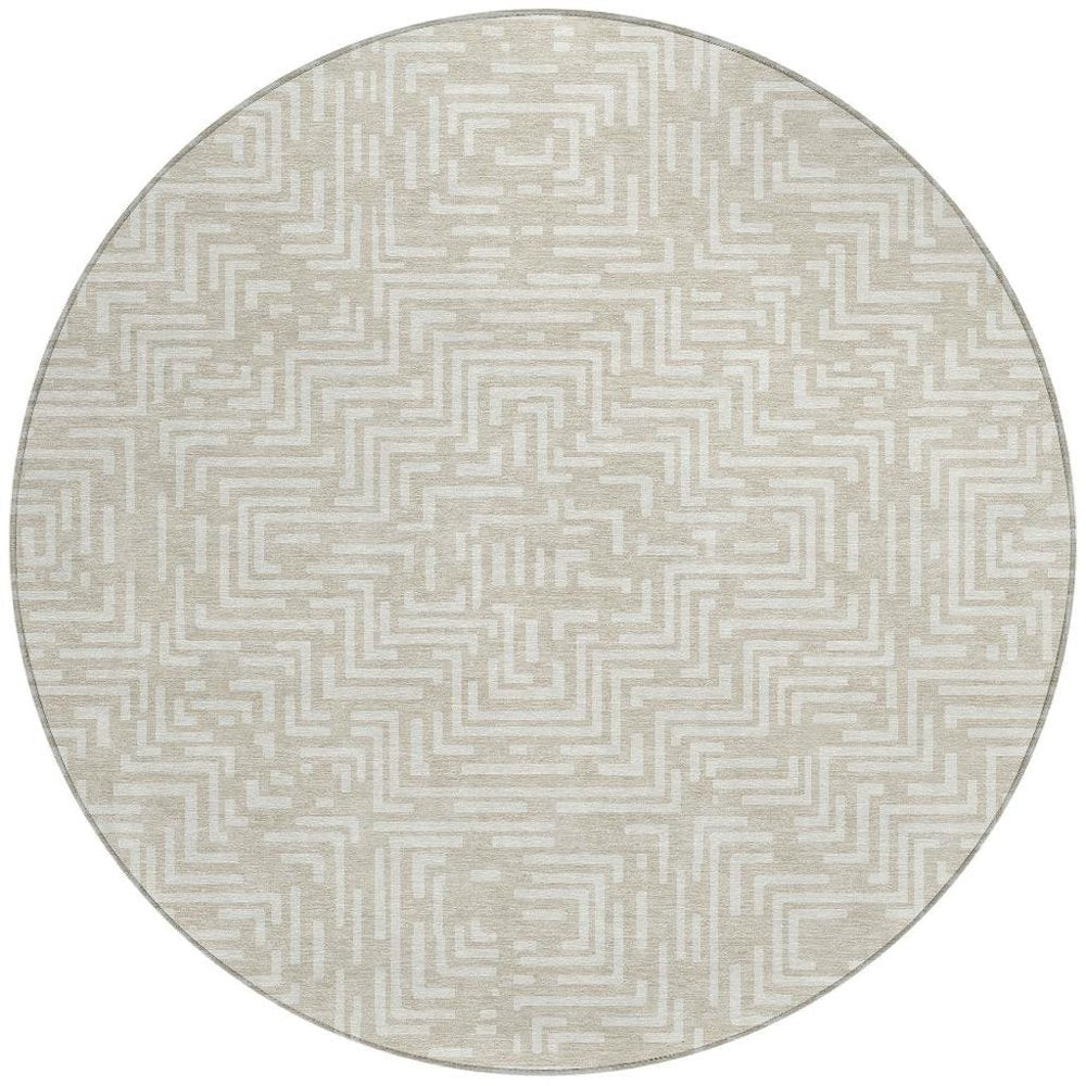 8' Beige And Blue Round Geometric Washable Indoor Outdoor Area Rug