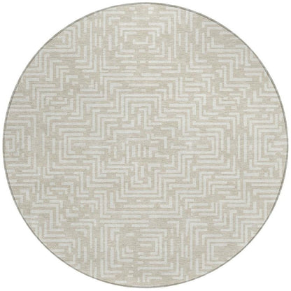 8' Beige And Blue Round Geometric Washable Indoor Outdoor Area Rug