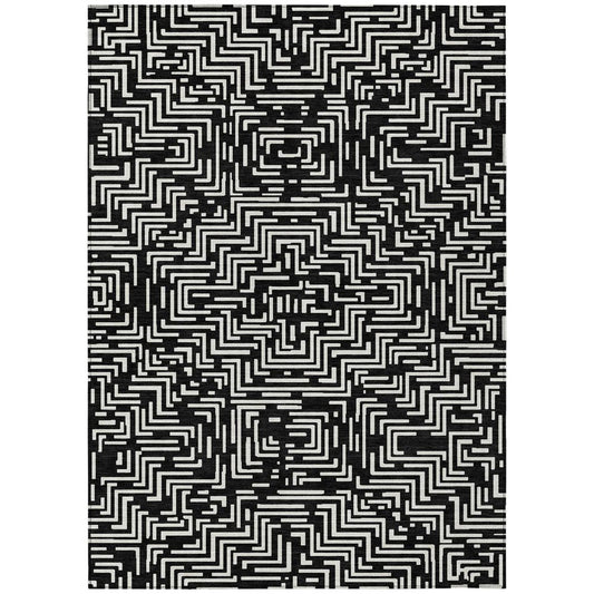 5' X 8' Black And Silver Geometric Washable Indoor Outdoor Area Rug