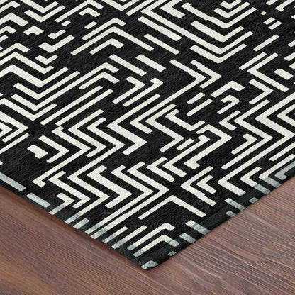 9' X 12' Black And Silver Geometric Washable Indoor Outdoor Area Rug