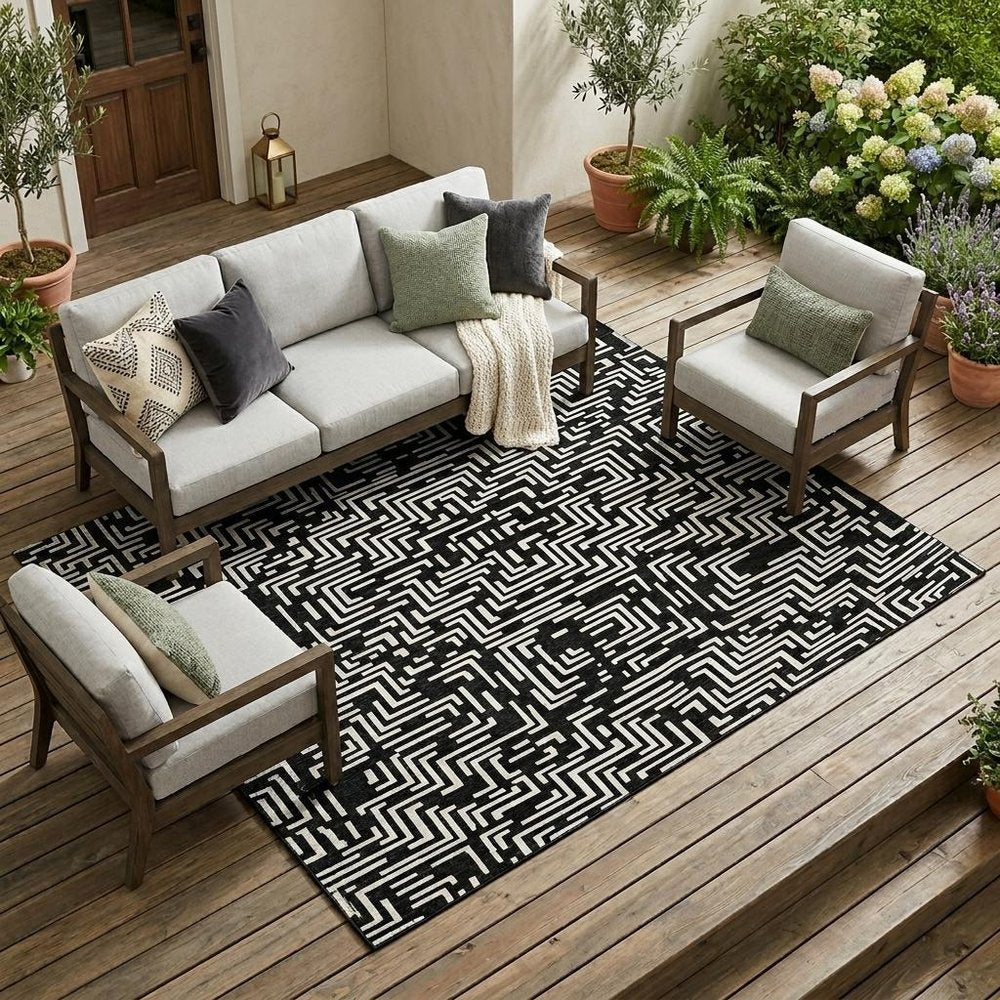 9' X 12' Black And Silver Geometric Washable Indoor Outdoor Area Rug — view 7
