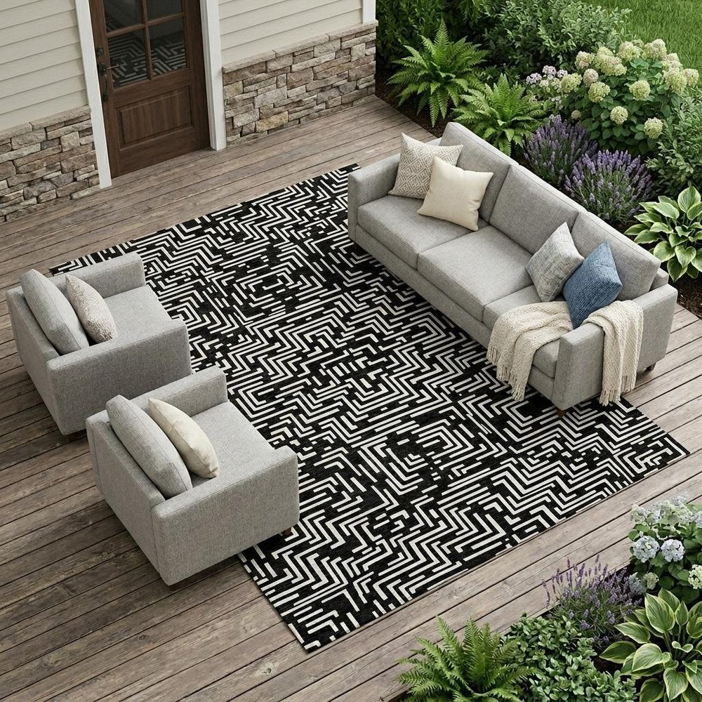 10' X 14' Black And Silver Geometric Washable Indoor Outdoor Area Rug — view 7