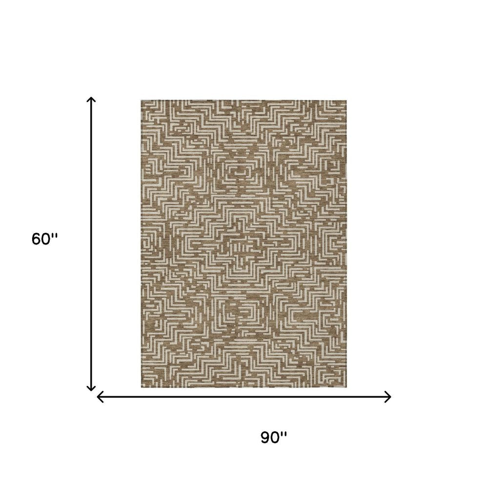 5' X 8' Brown And Gray Geometric Washable Indoor Outdoor Area Rug