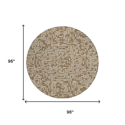 8' Brown And Gray Round Geometric Washable Indoor Outdoor Area Rug