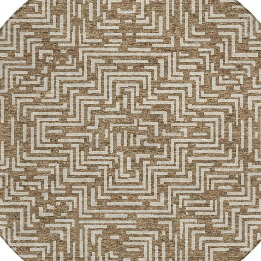 8' Brown And Gray Round Geometric Washable Indoor Outdoor Area Rug