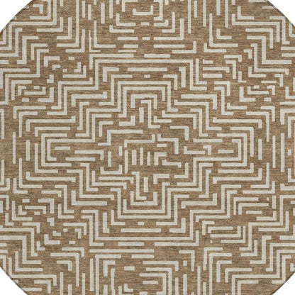 8' Brown And Gray Round Geometric Washable Indoor Outdoor Area Rug