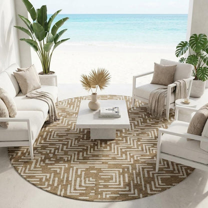 8' Brown And Gray Round Geometric Washable Indoor Outdoor Area Rug