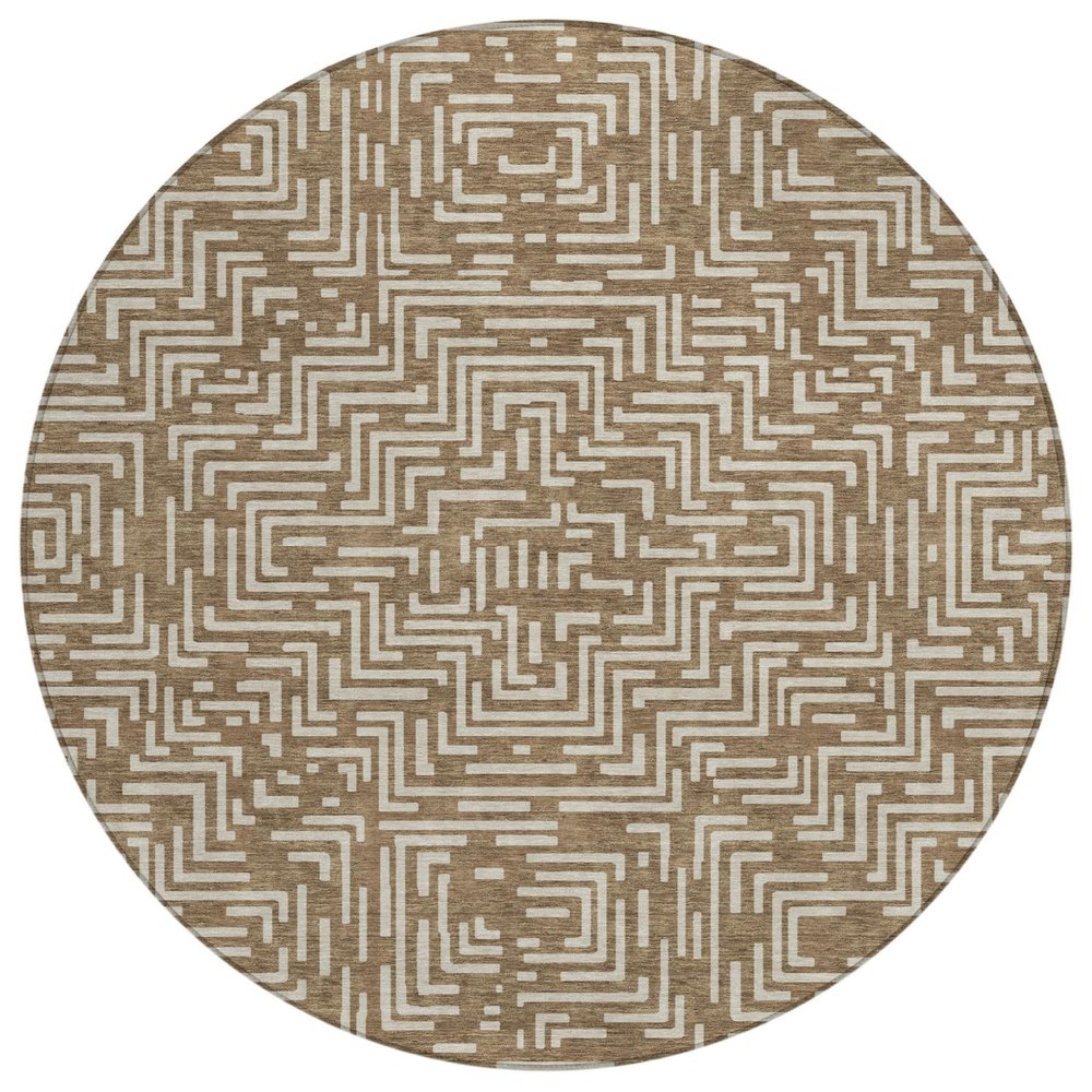 8' Brown And Gray Round Geometric Washable Indoor Outdoor Area Rug
