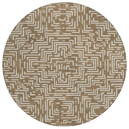 8' Brown And Gray Round Geometric Washable Indoor Outdoor Area Rug