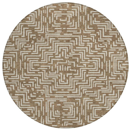 8' Brown And Gray Round Geometric Washable Indoor Outdoor Area Rug