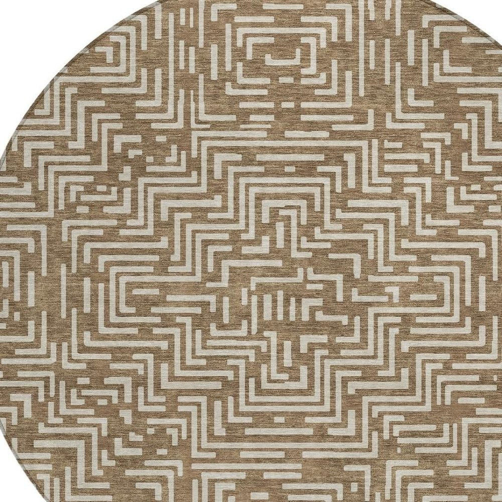 8' Brown And Gray Round Geometric Washable Indoor Outdoor Area Rug — view 4