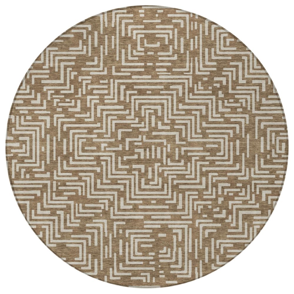 8' Brown And Gray Round Geometric Washable Indoor Outdoor Area Rug — view 5