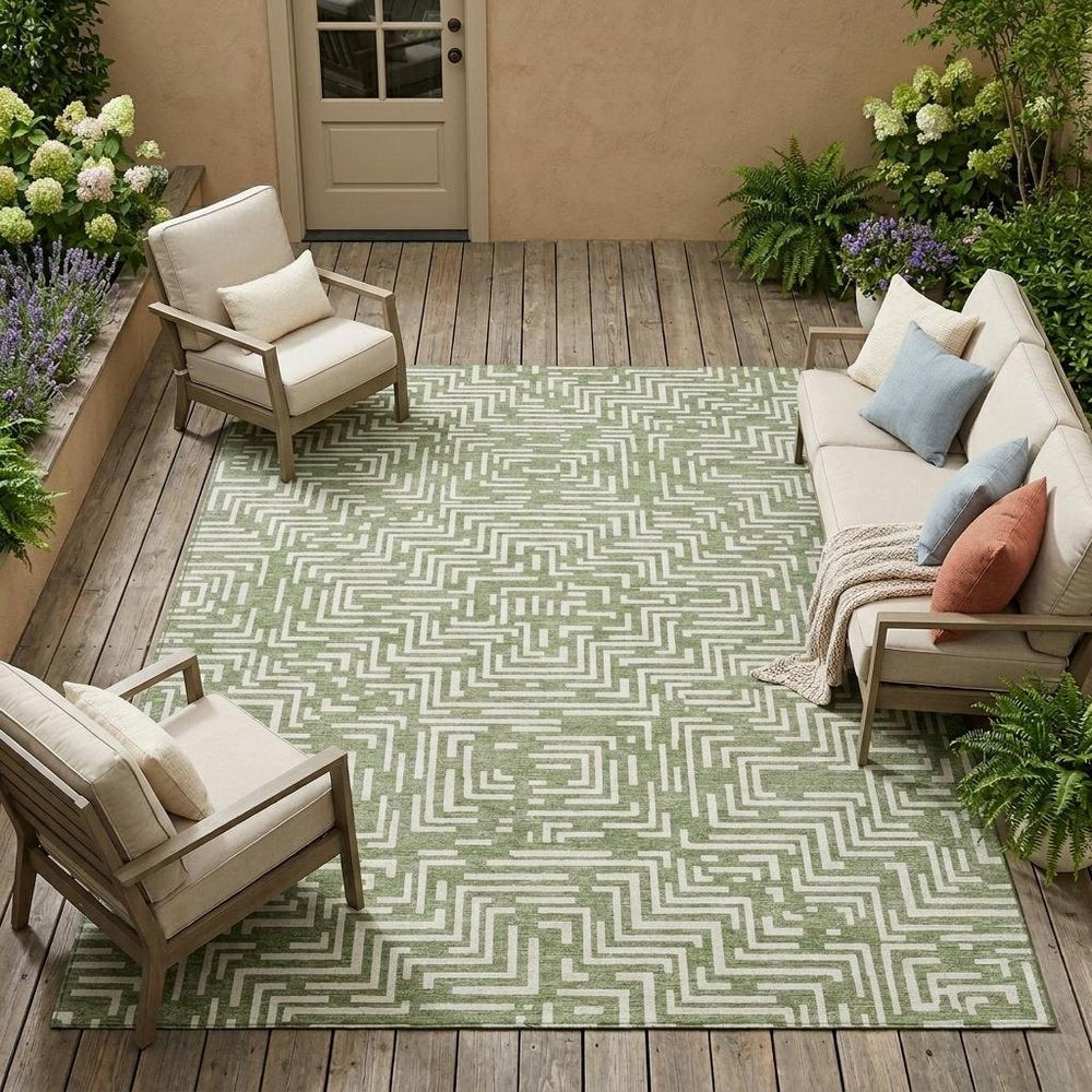 8' X 10' Fern Green And Copper Geometric Washable Indoor Outdoor Area Rug — view 7