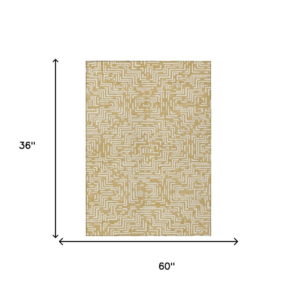 3' X 5' Gold And Brown Geometric Washable Indoor Outdoor Area Rug — view 6