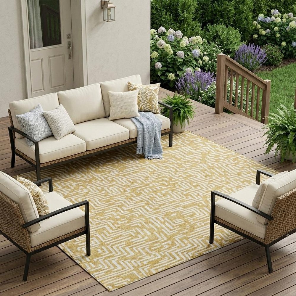 9' X 12' Gold And Brown Geometric Washable Indoor Outdoor Area Rug — view 7