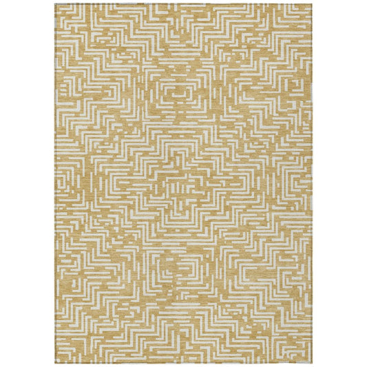 10' X 14' Gold And Brown Geometric Washable Indoor Outdoor Area Rug