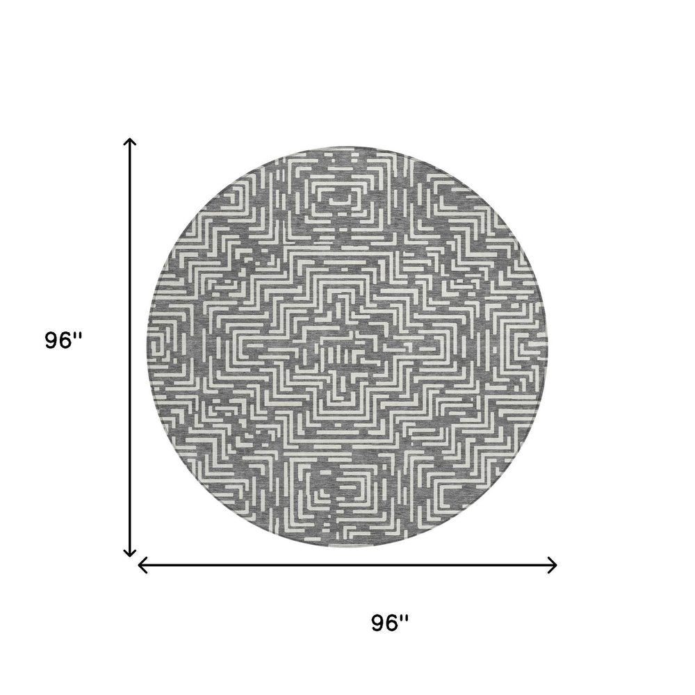 8' Gray And Brown Round Geometric Washable Indoor Outdoor Area Rug