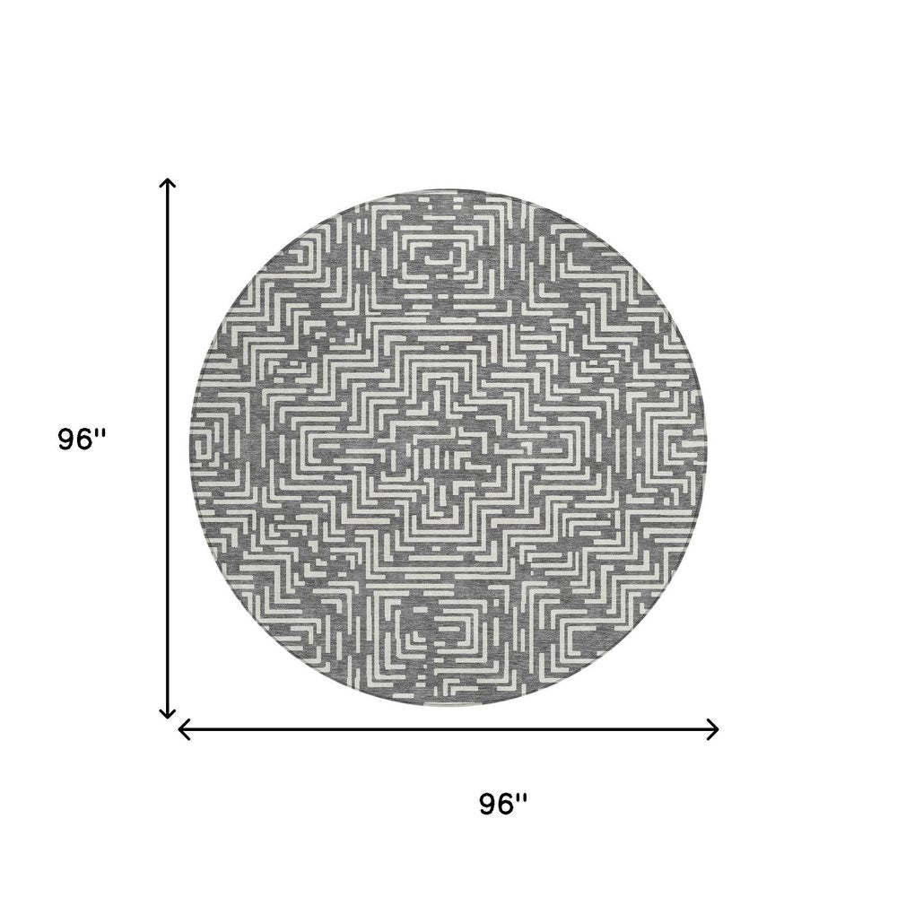 8' Gray And Brown Round Geometric Washable Indoor Outdoor Area Rug — view 6