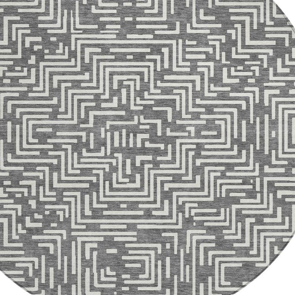 8' Gray And Brown Round Geometric Washable Indoor Outdoor Area Rug
