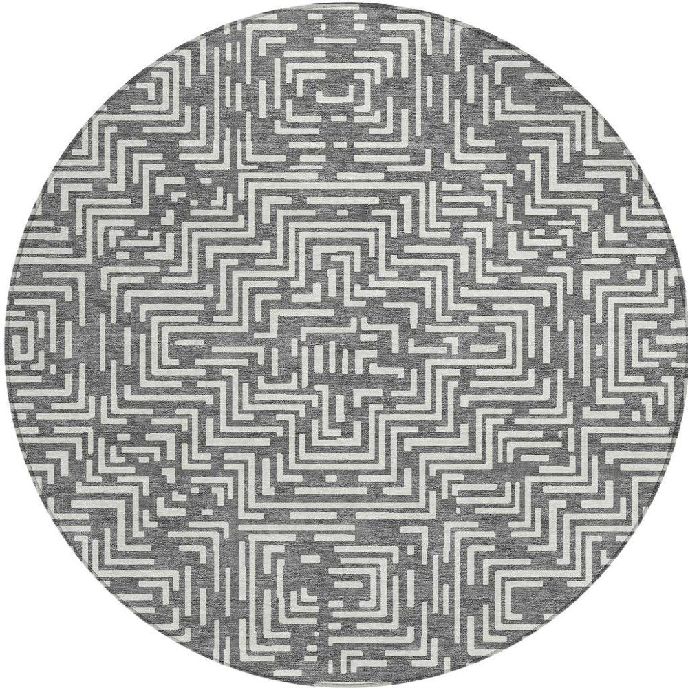8' Gray And Brown Round Geometric Washable Indoor Outdoor Area Rug — view 8