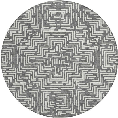 8' Gray And Brown Round Geometric Washable Indoor Outdoor Area Rug HomeRoots