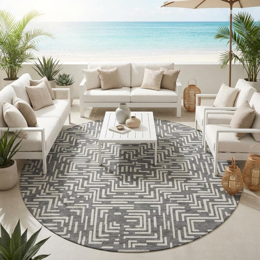 8' Gray And Brown Round Geometric Washable Indoor Outdoor Area Rug — view 9